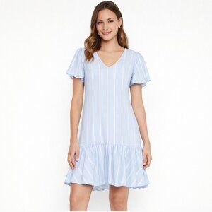BCBG NWT Women’s Light Blue Striped Ruffle Hem Dress Flutter Sleeve XS